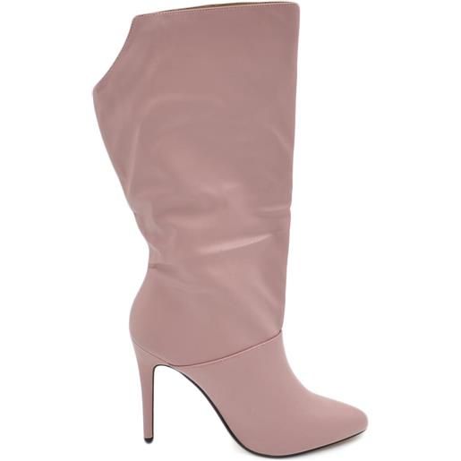 Malu Shoes stivali tronchetti donna alti in ecopelle rosa al polpaccio a punta liscio con zip modello over tacco spillo 10cm