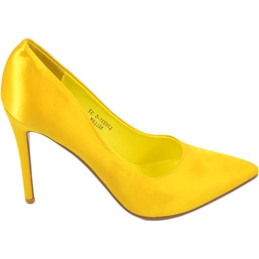 Malu Shoes scarpe donna decollete a punta elegante in raso giallo lucido tacco a spillo 12 cm moda elegante cerimonia evento