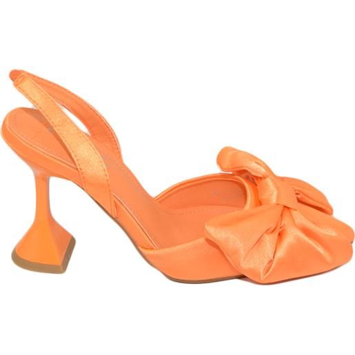 Malu Shoes scarpe decollete mules donna elegante punta in raso arancione tacco martini 9 cerimonia con fiocco tono su tono comodo