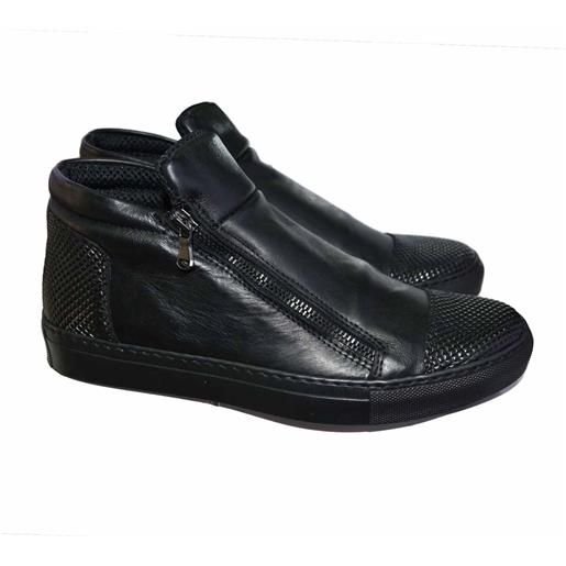 Made In Italy sneakers bassa uomo scarpe calzature modello con zip dettaglio nero piramide vera pelle