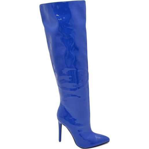 Malu Shoes stivale alto donna blu in ecopelle lucida effetto calzino con tacco a spillo sottile 12cm aderente con zip e punta moda