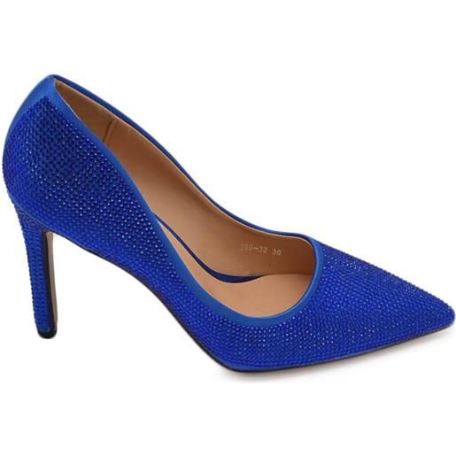 Malu Shoes scarpe decollete donna in raso blu royal a punta completamente ricoperto di strass tinta unita tacco spillo 12 elegante