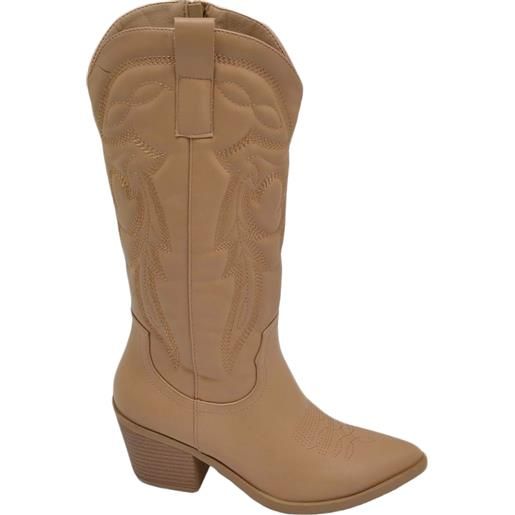 Malu Shoes stivali donna camperos beige texani stile western con cuciture in rilievo fulmine tacco legno 5 cm con zip laterale