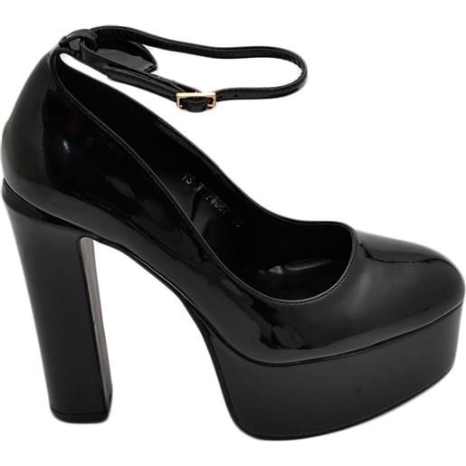 Malu Shoes decollete donna in vinile nero tacco doppio 15 cm plateau 6 cm cinturino alla caviglia lucida moda