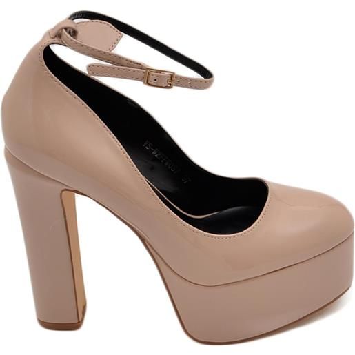 Malu Shoes decollete donna in vinile nude beige tacco doppio 15 cm plateau 6 cm cinturino alla caviglia lucida moda