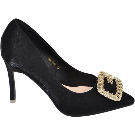 Malu Shoes scarpe decollete donna nero elegante gioiello fermaglio quadrato constrass punta tacco spillo 12 moda cerimonia