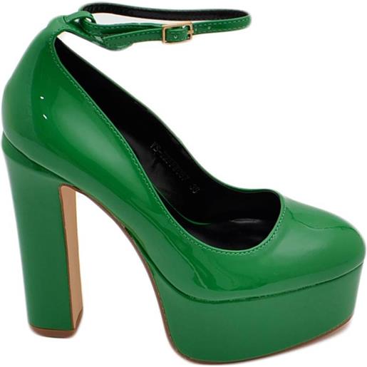 Malu Shoes decollete donna in vinile verde tacco doppio 15 cm plateau 6 cm cinturino alla caviglia lucida moda