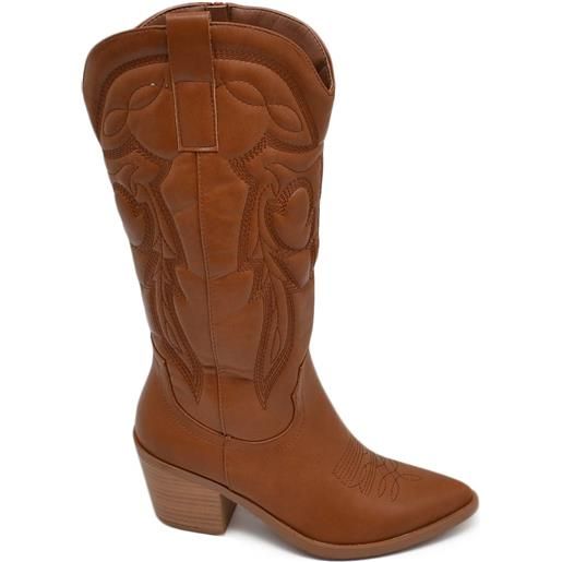 Malu Shoes stivali donna camperos cuoio texani stile western con cuciture in rilievo fulmine tacco legno 5 cm con zip laterale