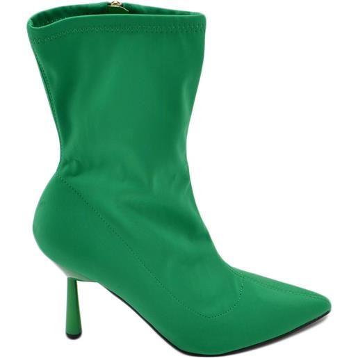 Malu Shoes tronchetto stivaletto verde bosco donna in lycra effetto calzino con tacco a spillo 10 aderente con zip a punta
