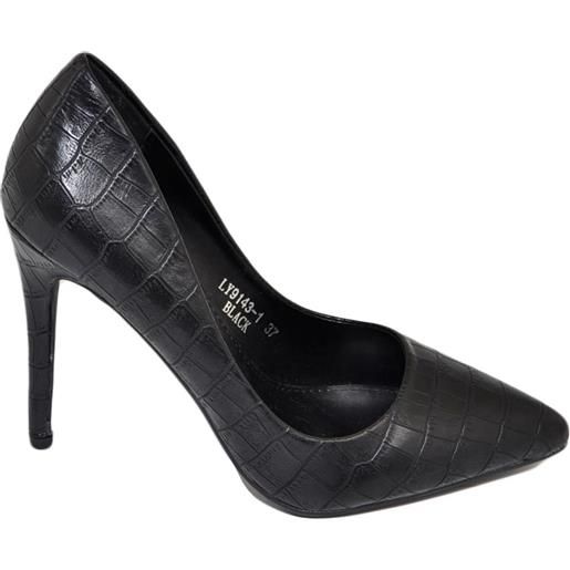 Malu Shoes scarpe donna decollete a punta elegante in pelle cocco nero tacco a spillo 12 cm moda evento