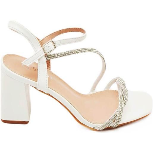 Malu Shoes sandalo donna ecopelle bianco gioiello argento sabot aperto dietro con chiusura caviglia tacco 7cm incrociato sul piede