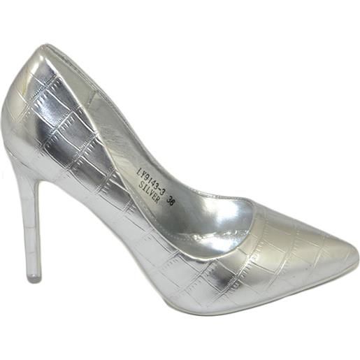Malu Shoes scarpe donna decollete a punta elegante in pelle cocco argento tacco a spillo 12 cm moda evento