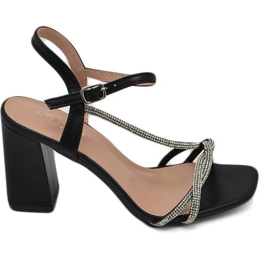 Malu Shoes sandalo donna ecopelle nera gioiello argento sabot aperto dietro con chiusura caviglia tacco 7cm incrociato sul piede