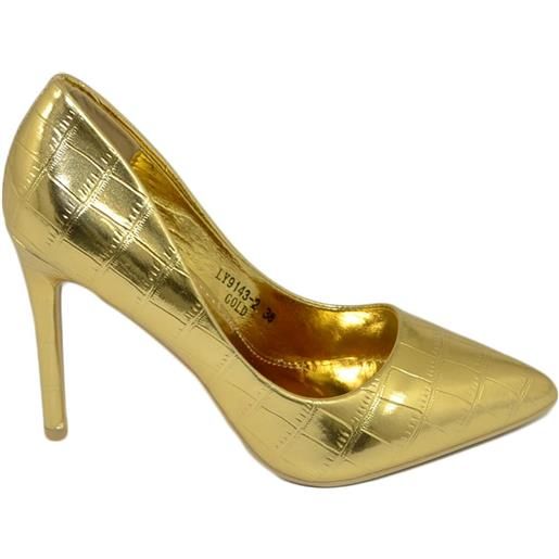 Malu Shoes scarpe donna decollete a punta elegante in pelle cocco oro tacco a spillo 12 cm moda evento