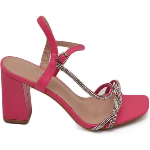 Malu Shoes sandalo donna ecopelle fucsia gioiello argento sabot aperto dietro con chiusura caviglia tacco 7cm incrociato sul piede