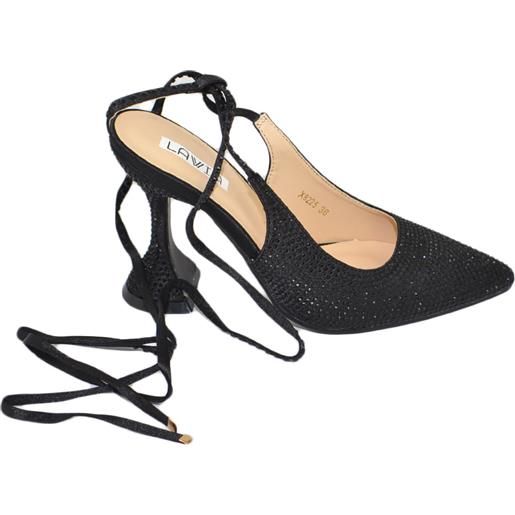 Malu Shoes scarpe decollete mules donna elegante punta in pelle nero con strass tacco martini 10cerimonia con allacciatura schiava