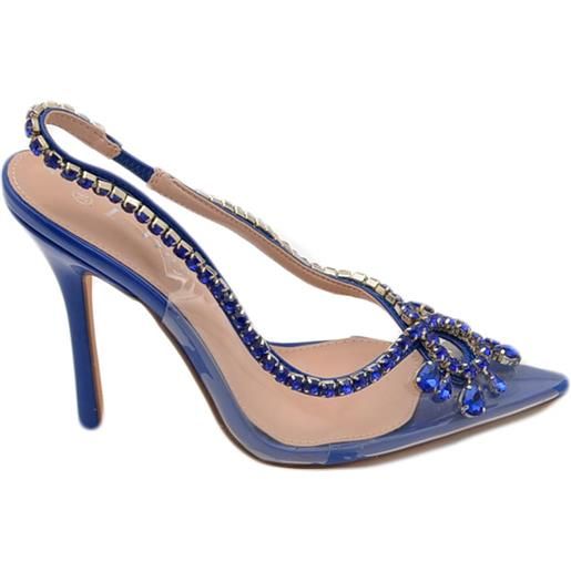 Malu Shoes scarpe decollete' donna completamente trasparenti con gioiello in punta e cinturino strass blu tacco a spillo 12 cm