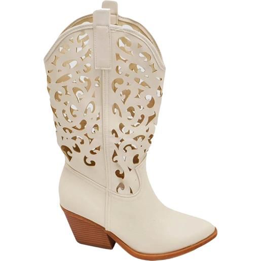 Malu Shoes stivali donna camperos texani stile western beige con gambale traforato fantasia laser tacco altezza polpaccio