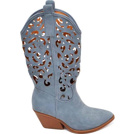 Malu Shoes stivali donna camperos texani stile western blu jeans con gambale traforato fantasia laser tacco 4 cm altezza polpaccio