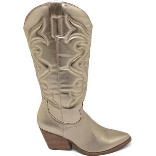 Malu Shoes stivali donna camperos texani stile western dettagli laser oro perlato tacco western 7 cm con zip laterale