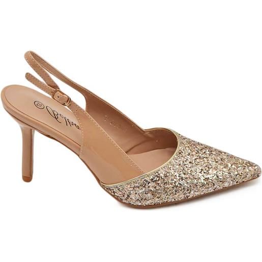 Malu Shoes scarpe decollete slingback donna elegante punta glitter vernice lucida oro tacco 12 cm cerimonia cinturino retro