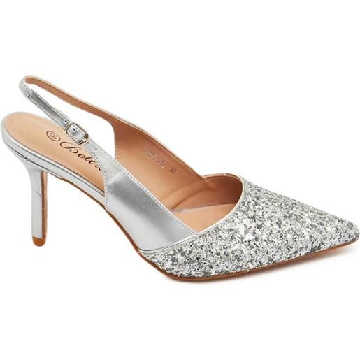 Malu Shoes scarpe decollete slingback donna elegante punta glitter vernice lucida argento tacco 12 cm cerimonia cinturino retro