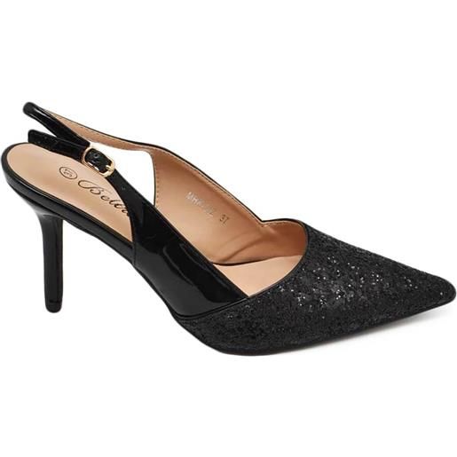 Malu Shoes scarpe decollete slingback donna elegante punta glitter vernice lucida nero tacco 12 cm cerimonia cinturino retro