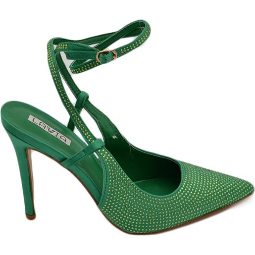 Malu Shoes scarpe decollete donna elegante punta in tessuto verde bosco tacco sottile 12 cerimonia con chiusura caviglia regolabile