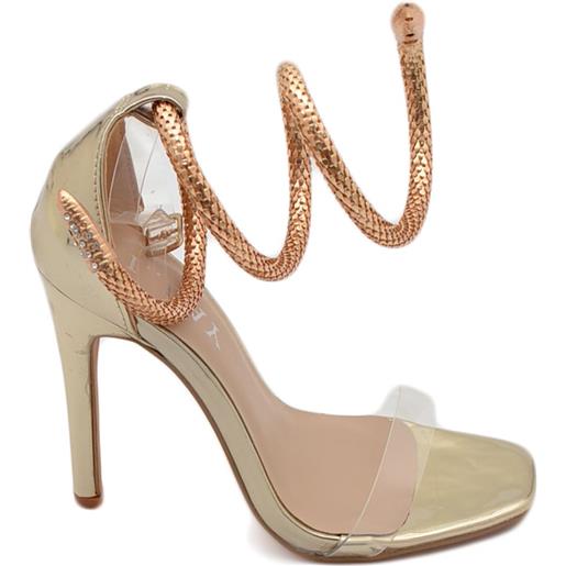Malu Shoes sandali tacco oro donna con fasce trasparenti tacco 12 a spillo e accessorio serpente alla schiava in metallo champagne