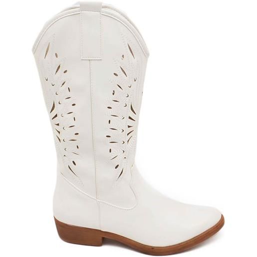 Malu Shoes stivali camperos donna bianco tacco basso estivi traforati altezza ginocchio texani con cuciture tinta unita