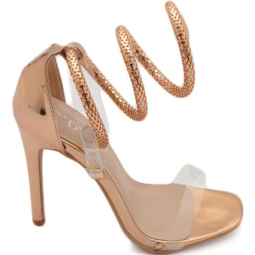 Malu Shoes sandali tacco donna con fasce trasparenti tacco 12 a spillo e accessorio serpente alla schiava in metallo champagne