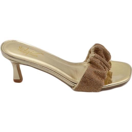 Malu Shoes sandalo gioiello oro donna tacco sottile 7 cm fascia arricciata di strass luccicanti cerimonia evento open toe