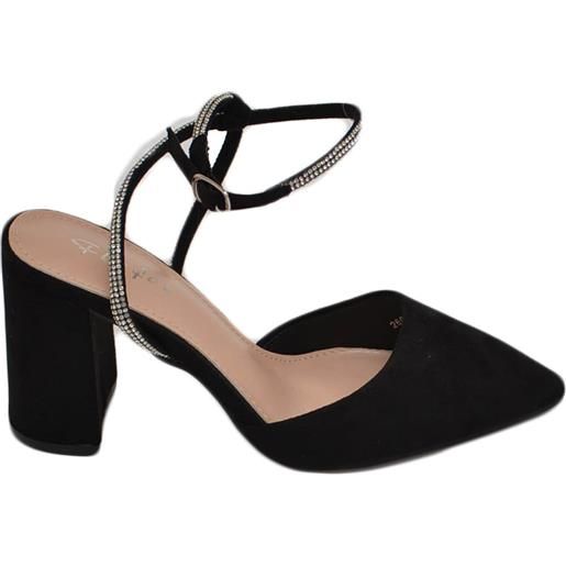 Malu Shoes scarpe decollete donna slingback in camoscio nero aperto sul tallone con cinturino di strass incrociato alla caviglia