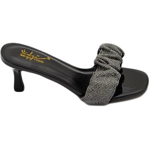 Malu Shoes sandalo gioiello nero donna tacco sottile 7 cm fascia arricciata di strass luccicanti cerimonia evento open toe