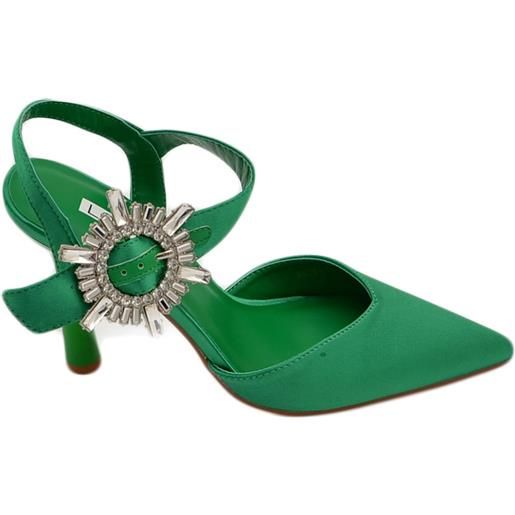 Malu Shoes decollete' scarpadonna gioiello in raso verde applicazione spilla cinturino alla caviglia tacco a spillo 10 comode