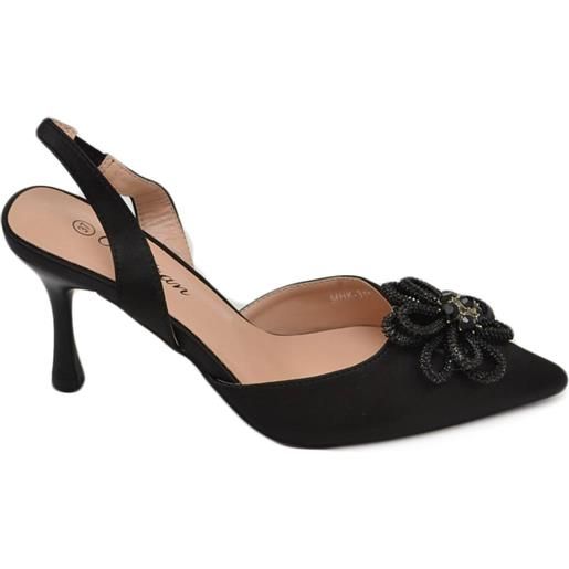 Malu Shoes scarpe decollete donna slingback in raso nero applicazione fiore di strass in punta tacco a spillo basso 7 cm