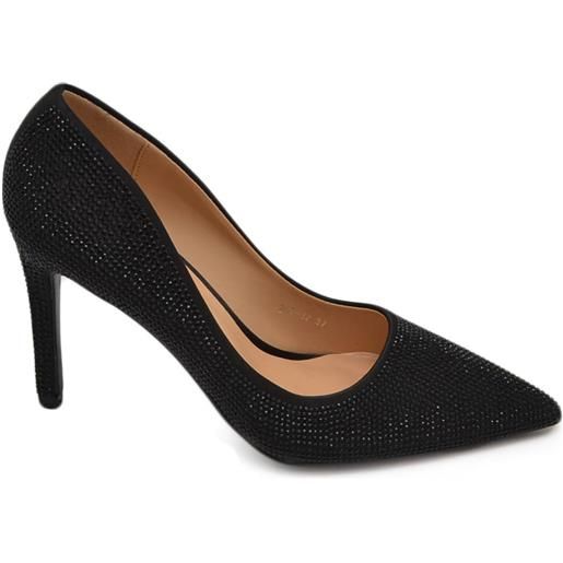 Malu Shoes scarpe decollete donna in raso nero a punta completamente ricoperto di strass tinta unita tacco spillo 12 elegante