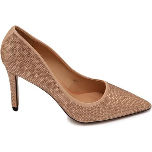 Malu Shoes scarpe decollete donna in raso beige a punta completamente ricoperto di strass oro rosa tacco spillo 12 elegante
