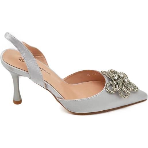 Malu Shoes scarpe decollete donna slingback in raso argento ghiacci applicazione fiore di strass in punta tacco a spillo basso 7 cm