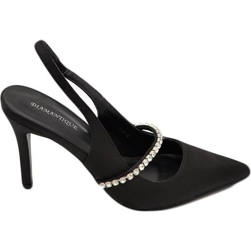 Malu Shoes scarpe decollete mules donna elegante punta in raso nero tacco 10 cerimonia open toe dettaglio strass