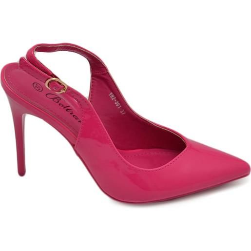 Malu Shoes scarpe decollete slingback donna elegante punta in vernice lucida fucsia tacco 12 cm cerimonia cinturino retro tallone