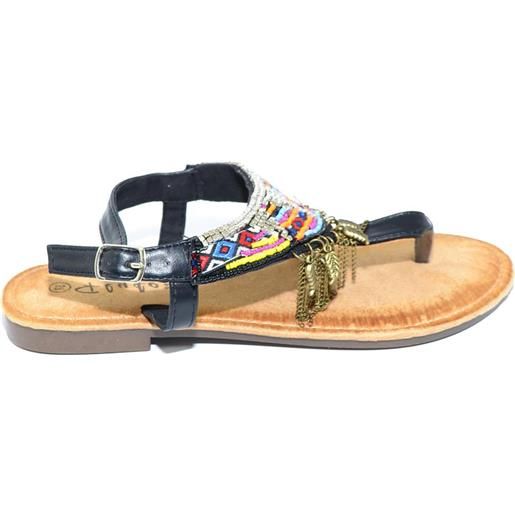 Malu Shoes sandalo basso ibiza nero basso infradito con frange, corallini e piume allacciato alla caviglia moda comfort estate