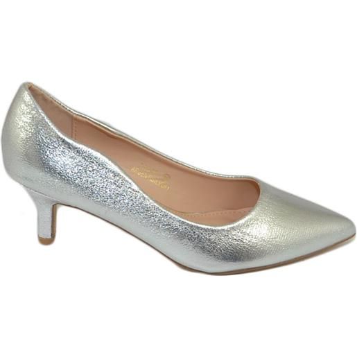 Malu Shoes decollete' scarpe donna a punta argento satinato tacco a spillo midi 5 cm in pelle comodo per cerimonie eventi ufficio