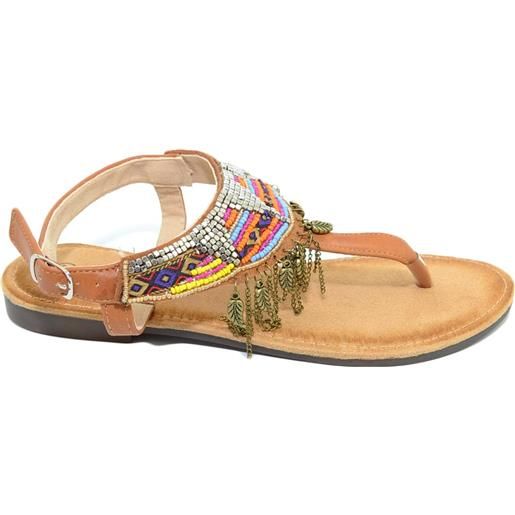 Malu Shoes sandalo basso ibiza cuoio basso infradito con frange, corallini e piume allacciato alla caviglia moda comfort estate