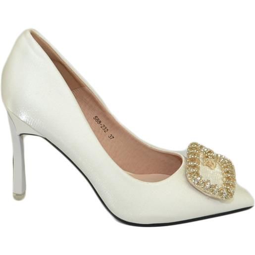 Malu Shoes scarpe decollete donna bianco elegante gioiello fermaglio quadrato constrass punta tacco spillo 12 moda cerimonia