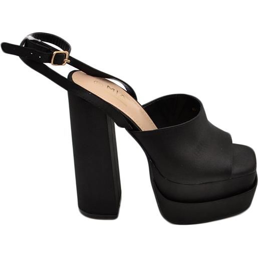 Malu Shoes sabot donna tacco in raso nero tacco cinturino caviglia doppio 15 cm plateau 6 cm punta quadrata open toe moda