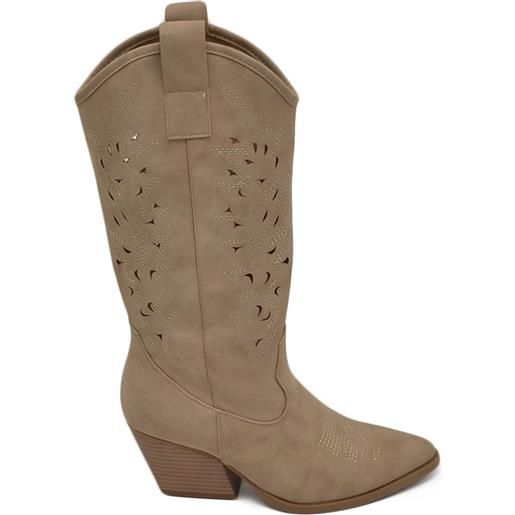 Malu Shoes stivali donna camperos texani stile western forati estivi beige scamosciato tacco western 7 cm legno con zip laterale