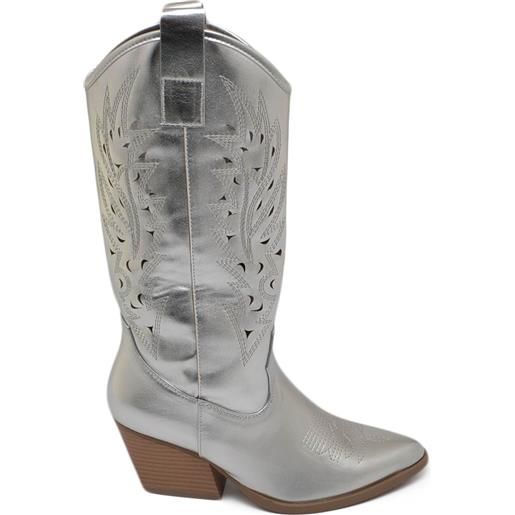 Malu Shoes stivali donna camperos texani stile western forati estivi argento perlato tacco western 7 cm legno con zip laterale