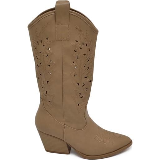Malu Shoes stivali donna camperos texani stile western forati estivi beige ecopelle tacco western 7 cm legno con zip laterale