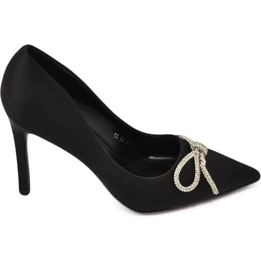 Malu Shoes decolette' donna in tessuto raso nero con punta tacco sottile 12 cm dettaglio fiocco con strass argento luccicanti
